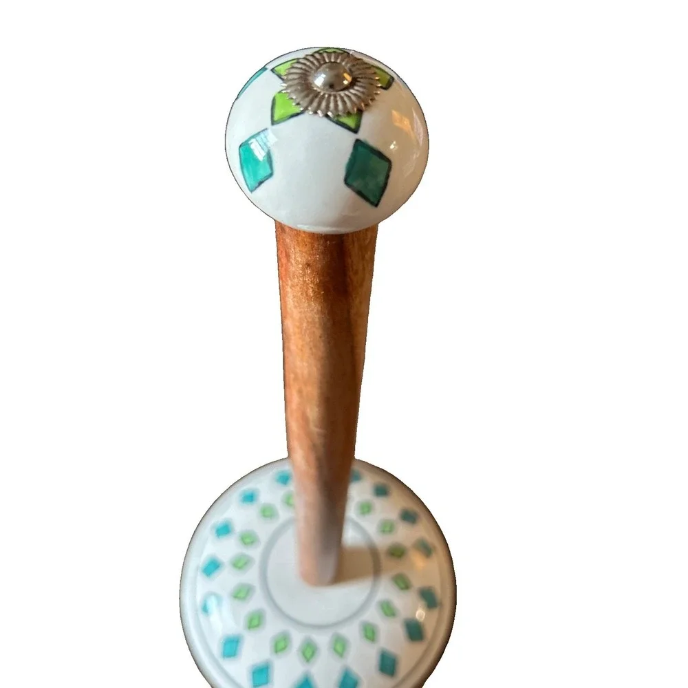 Talavera Style Blue/White/green Ceramic & Wood Paper Towel Holder Geometric Boho